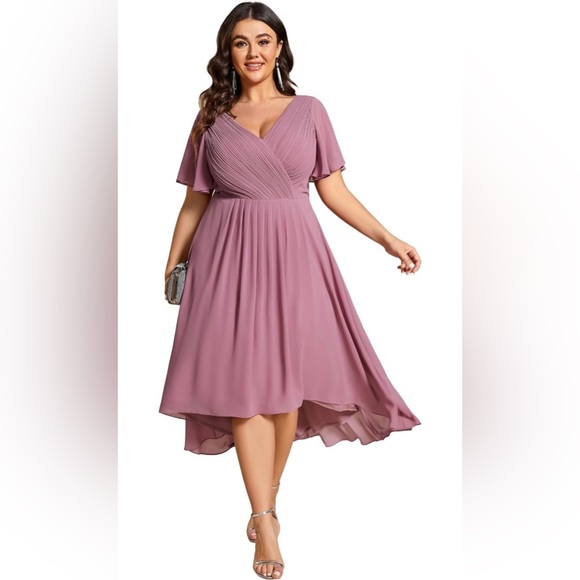 Ever-Pretty Women's A Line Ruched V Neck Short Sleeves Knee Length - Picture 1 of 6